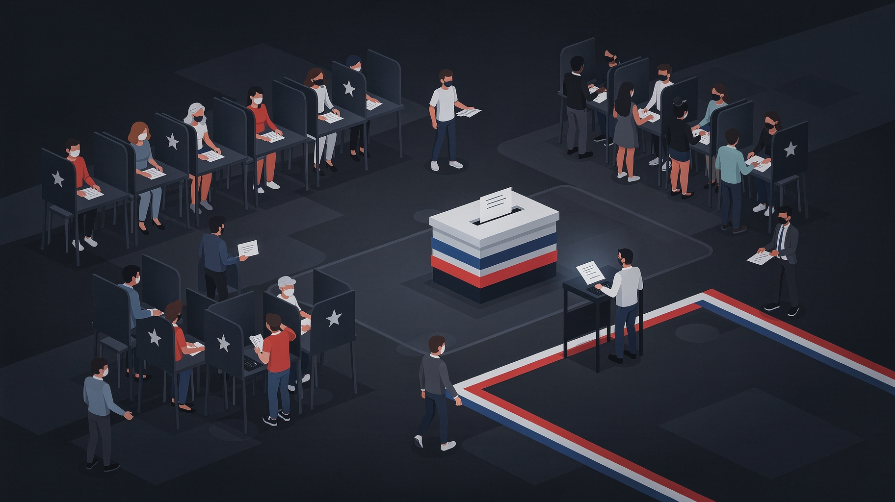 Midterm election overview with ballot box and voting icons