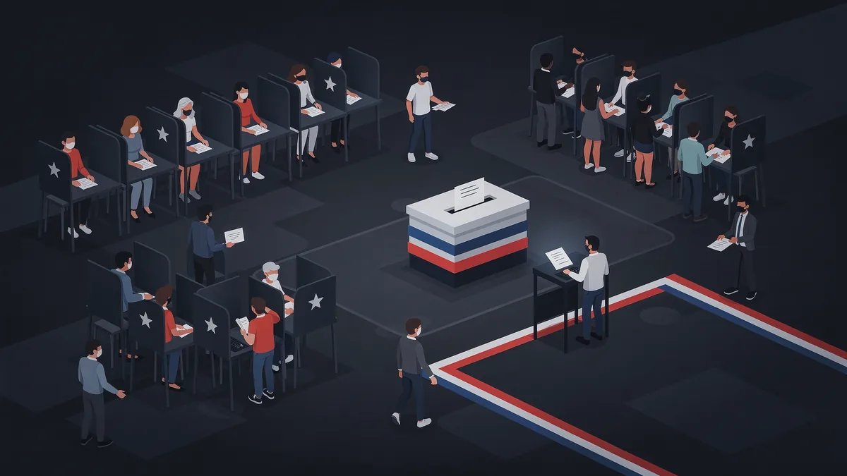 Midterm election overview with ballot box and voting icons