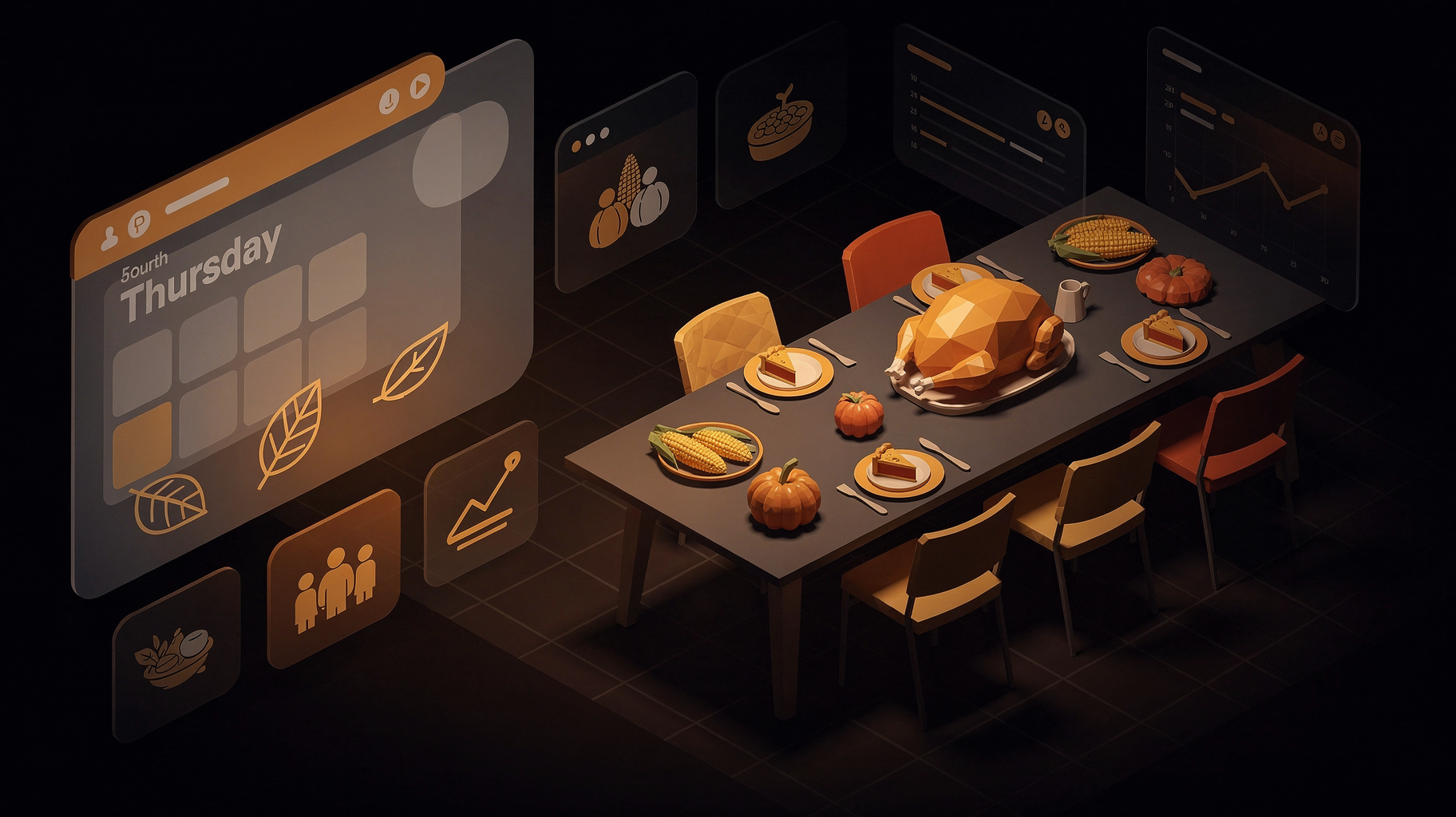 Thanksgiving table with harvest icons and calendar for the fourth Thursday
