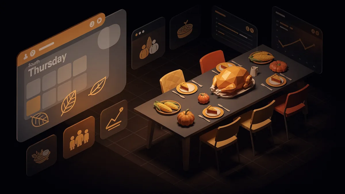 Thanksgiving table with harvest icons and calendar for the fourth Thursday