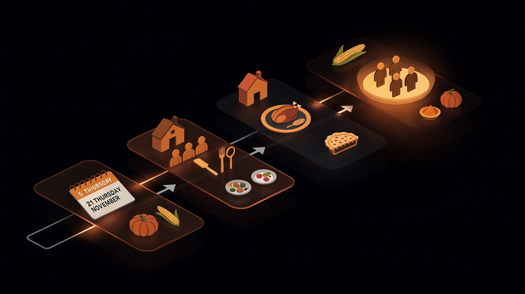 Modern Thanksgiving dinner planning scene with turkey, pie, pumpkin, and harvest visuals