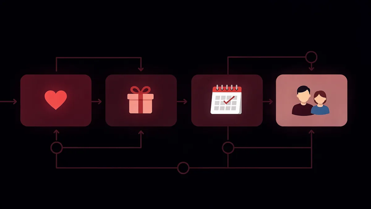 Valentine's Day planning scene with gifts, flowers, and celebration details