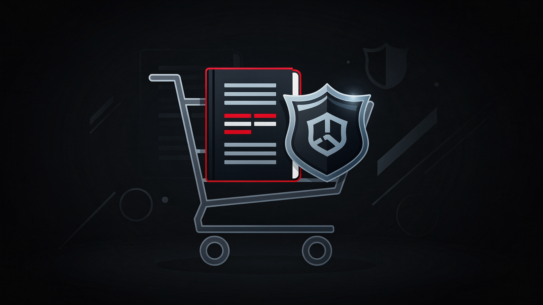 Black Friday origin illustration with ledger, badge, and shopping cart motifs