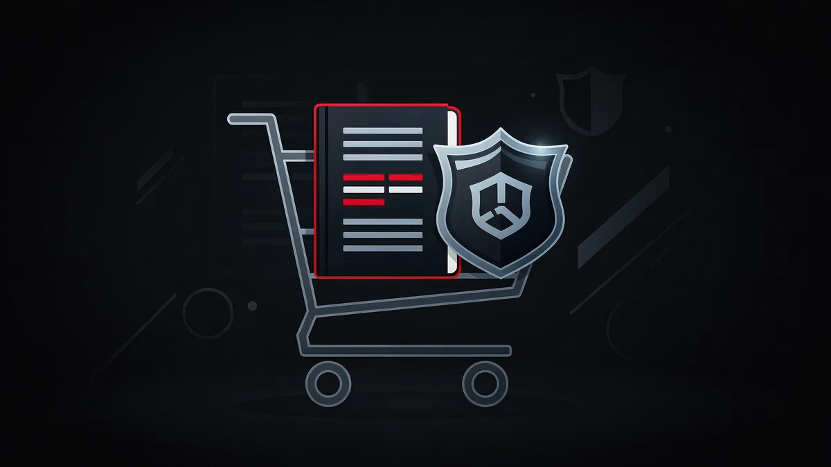 Black Friday origin illustration with ledger, badge, and shopping cart motifs