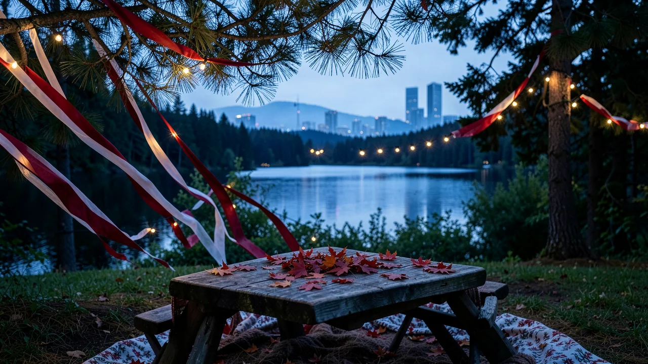 Red and white ribbons and maple leaves around a lakeside picnic at dusk.