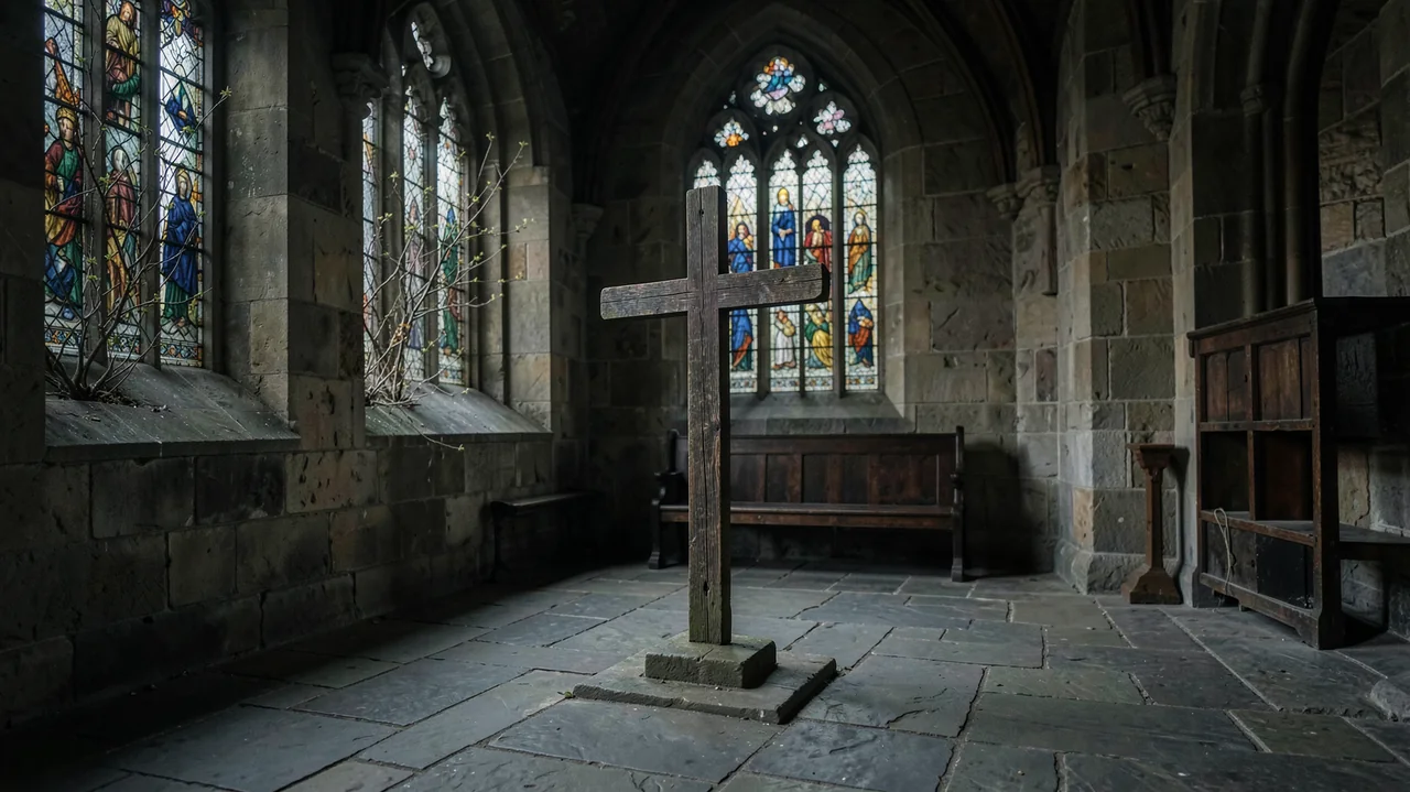 A simple wooden cross inside a stone church lit by stained glass.
