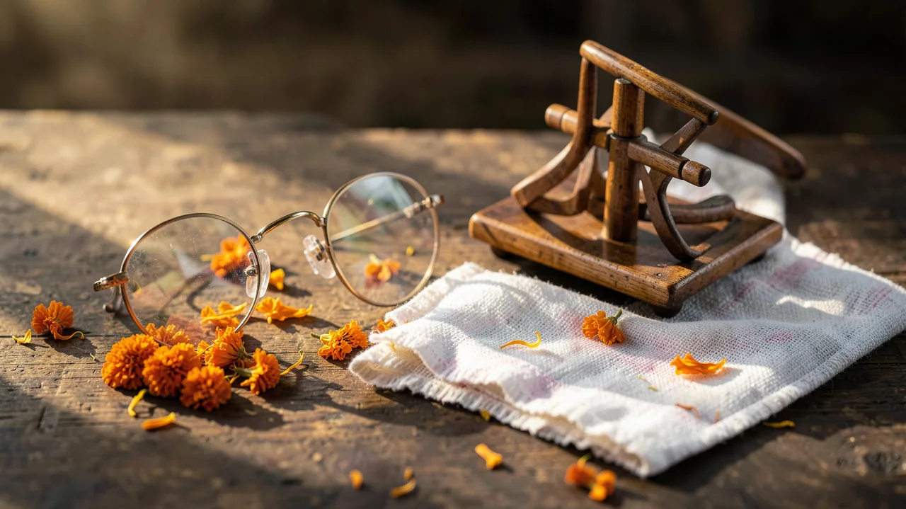 Round glasses, a wooden spinning wheel, white cloth, and marigold petals.