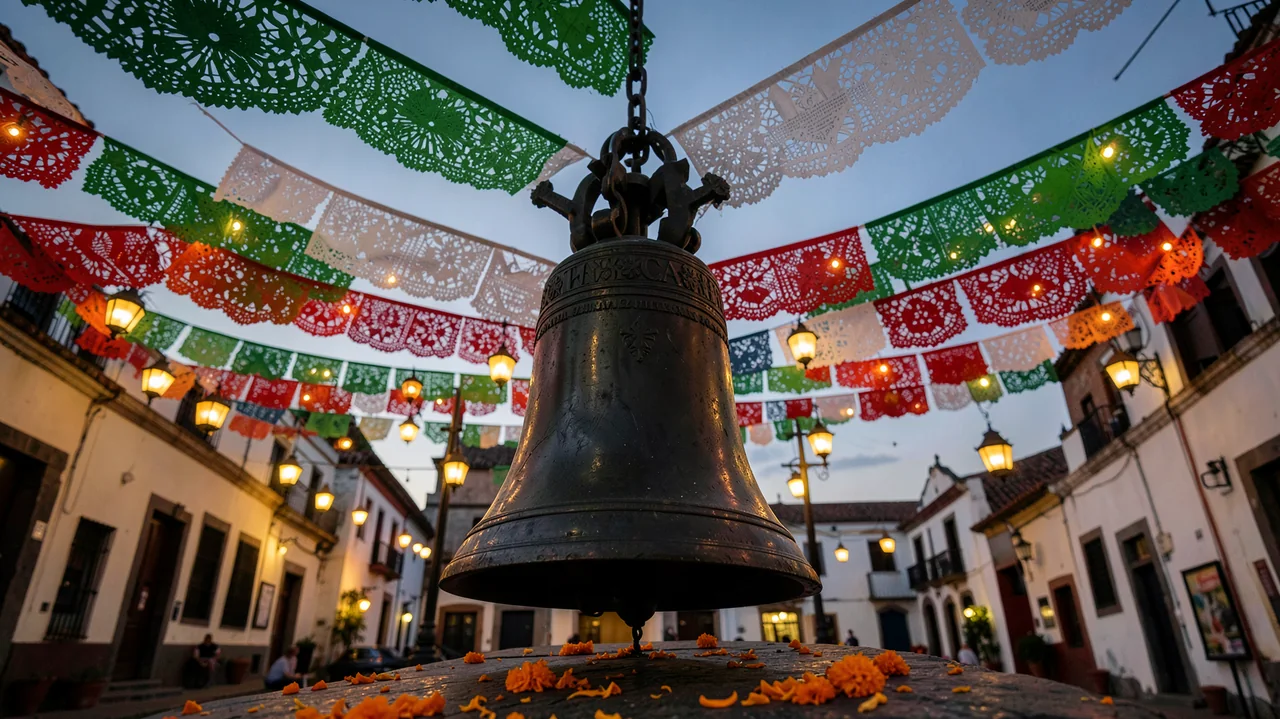 A bronze bell beneath green, white, and red decorations in a lantern-lit plaza.
