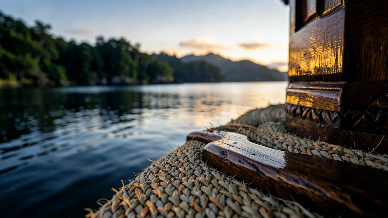 A calm New Zealand coastal inlet beside woven flax and carved wood details.
