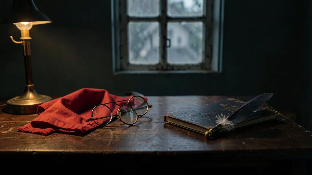 Round glasses, a red neckerchief, a closed journal, and a quill by lamplight.