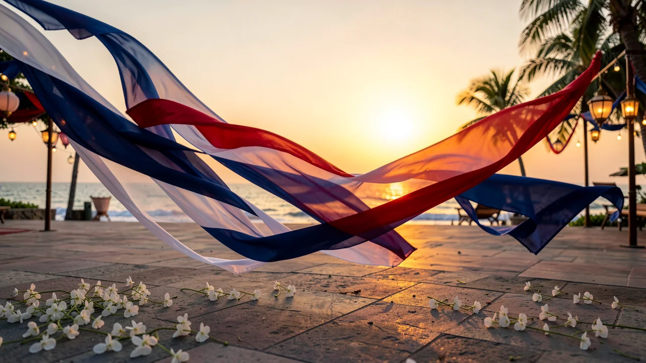 Red, blue, and white ribbons moving in a tropical coastal sunrise.