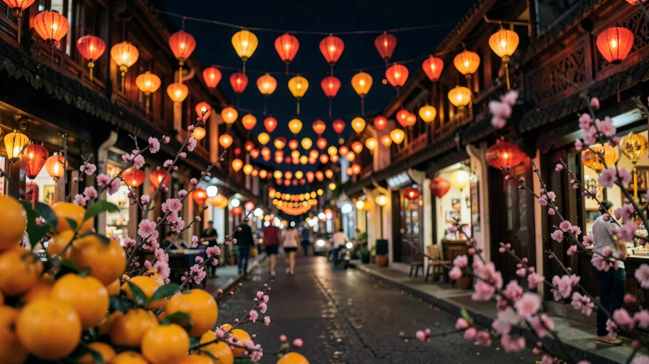 Red lanterns, mandarin oranges, and blossoms along a Singapore shophouse street.