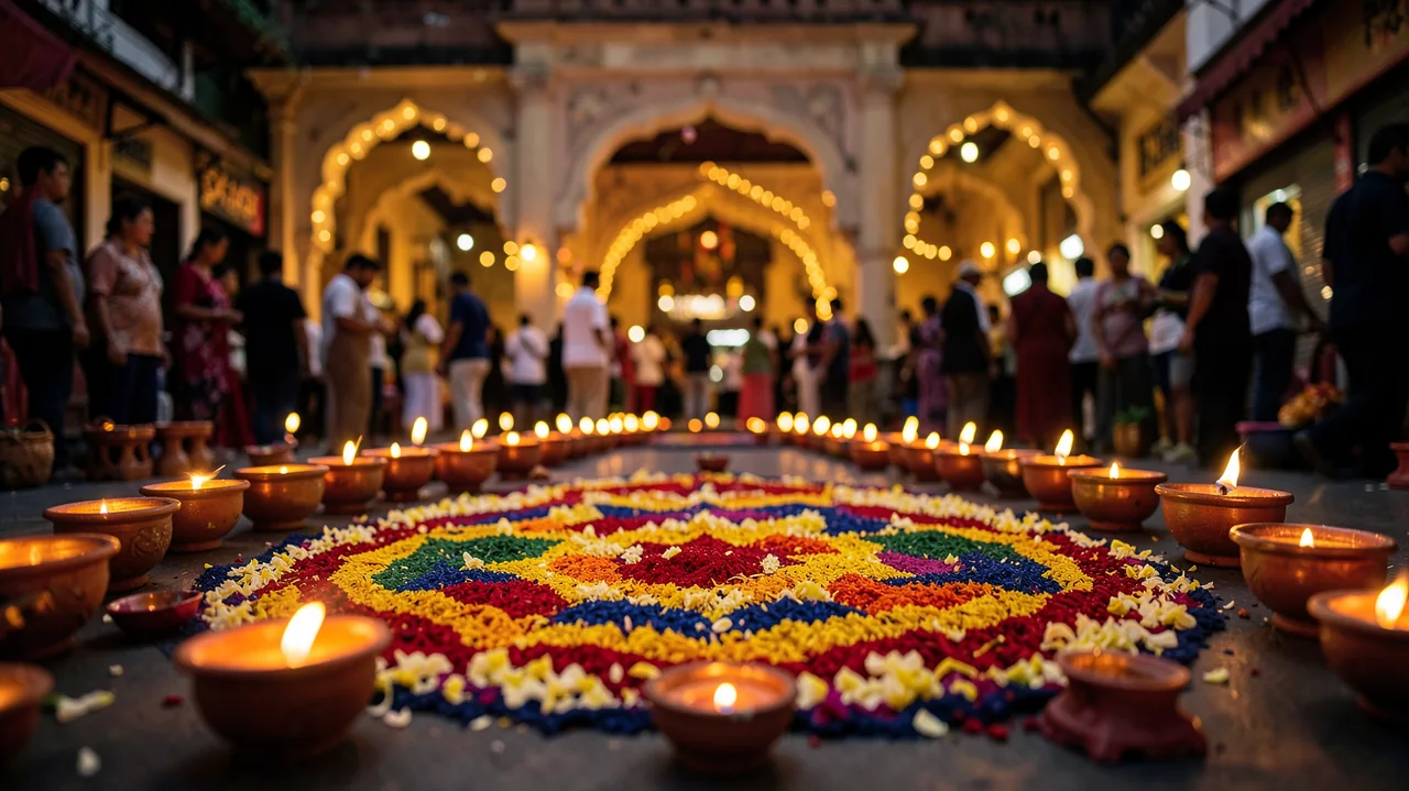Glowing clay lamps surrounding a colorful rangoli in a festive arcade.