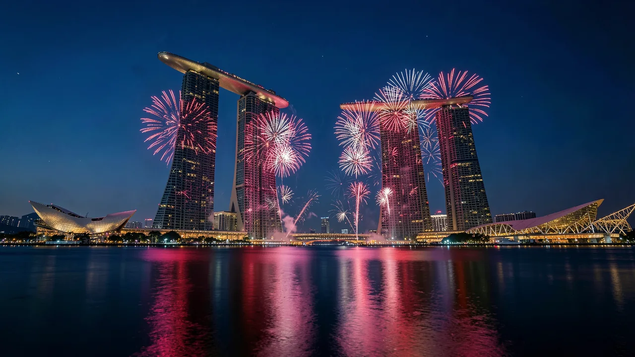 Fireworks above Singapore's Marina Bay skyline reflected on the water.