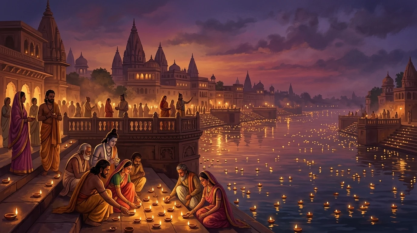 Ancient Ayodhya illuminated with deepams at dusk (Illustration)