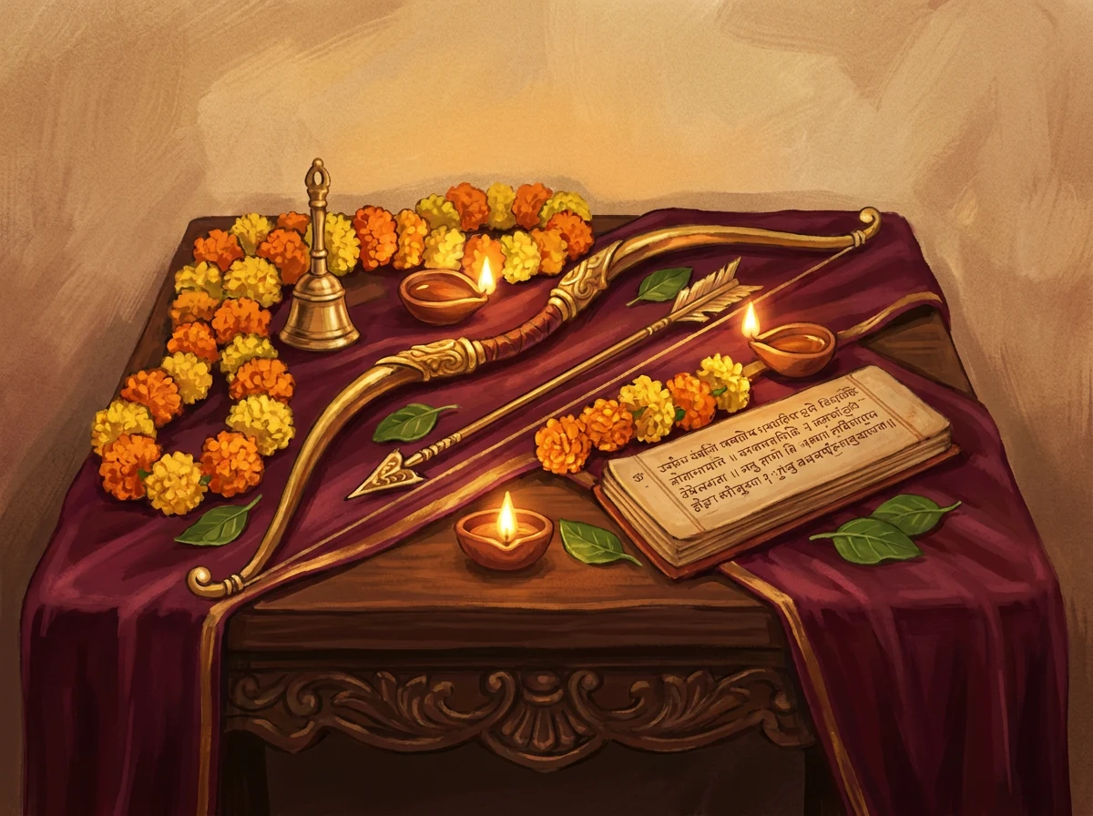 Sacred altar with golden bow and arrow, diyas, and Shami leaves (Illustration)