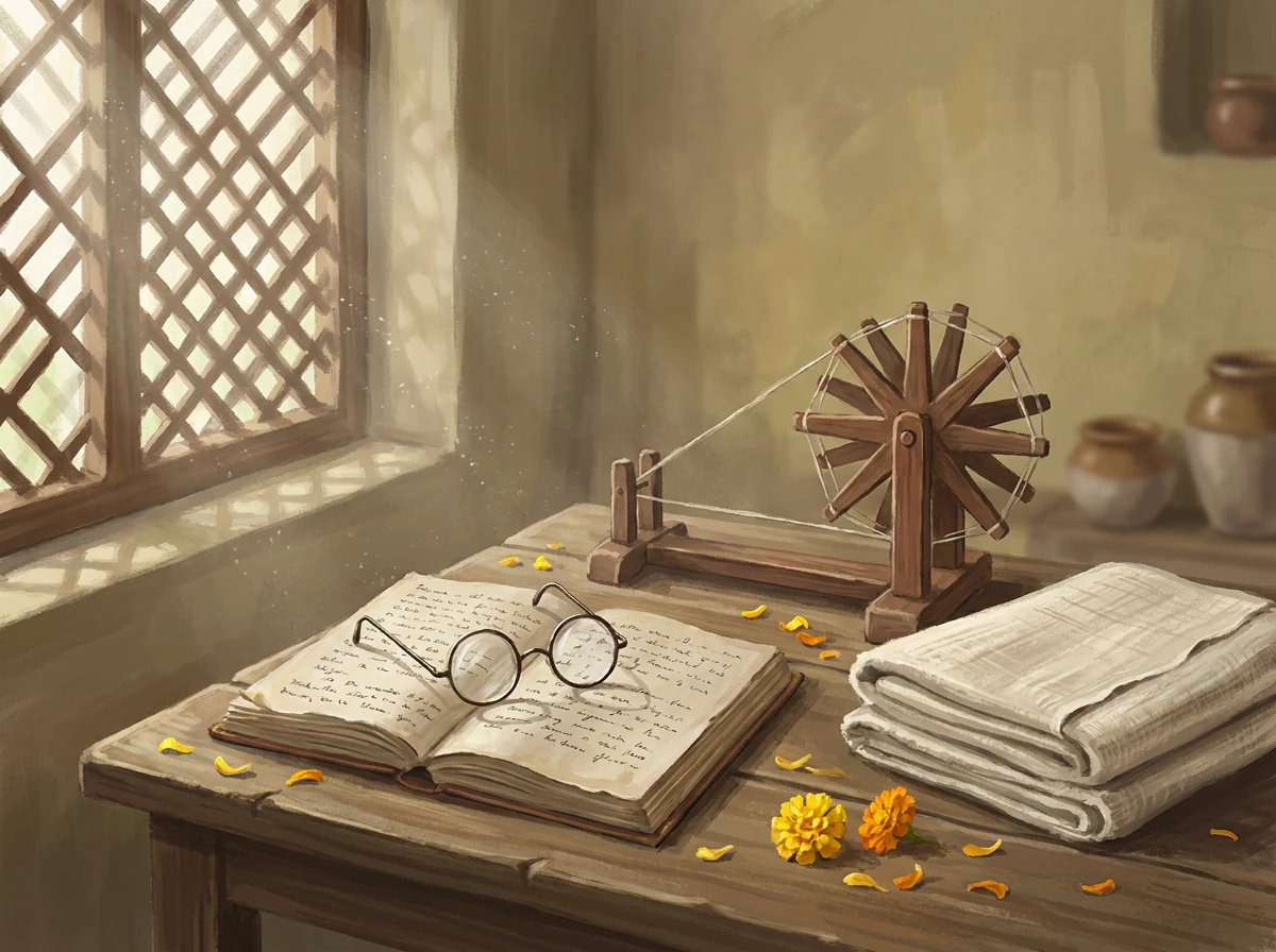 Charkha, spectacles, and khadi: symbols of swadeshi & truth (Illustration)