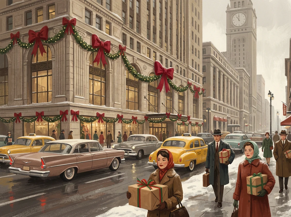 Vintage storefronts, holiday shopping, and festive cheer