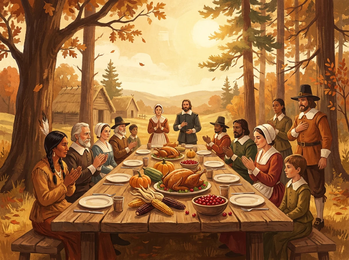 The 1621 Plymouth harvest gathering (Illustration)