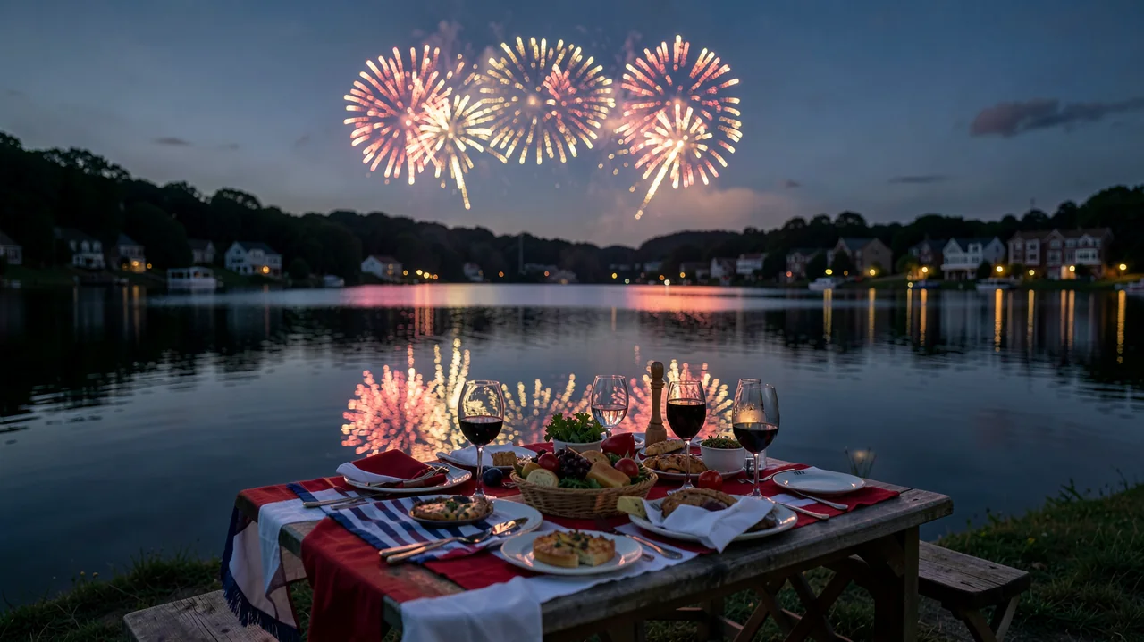 A red, white, and blue lakeside picnic beneath evening fireworks.