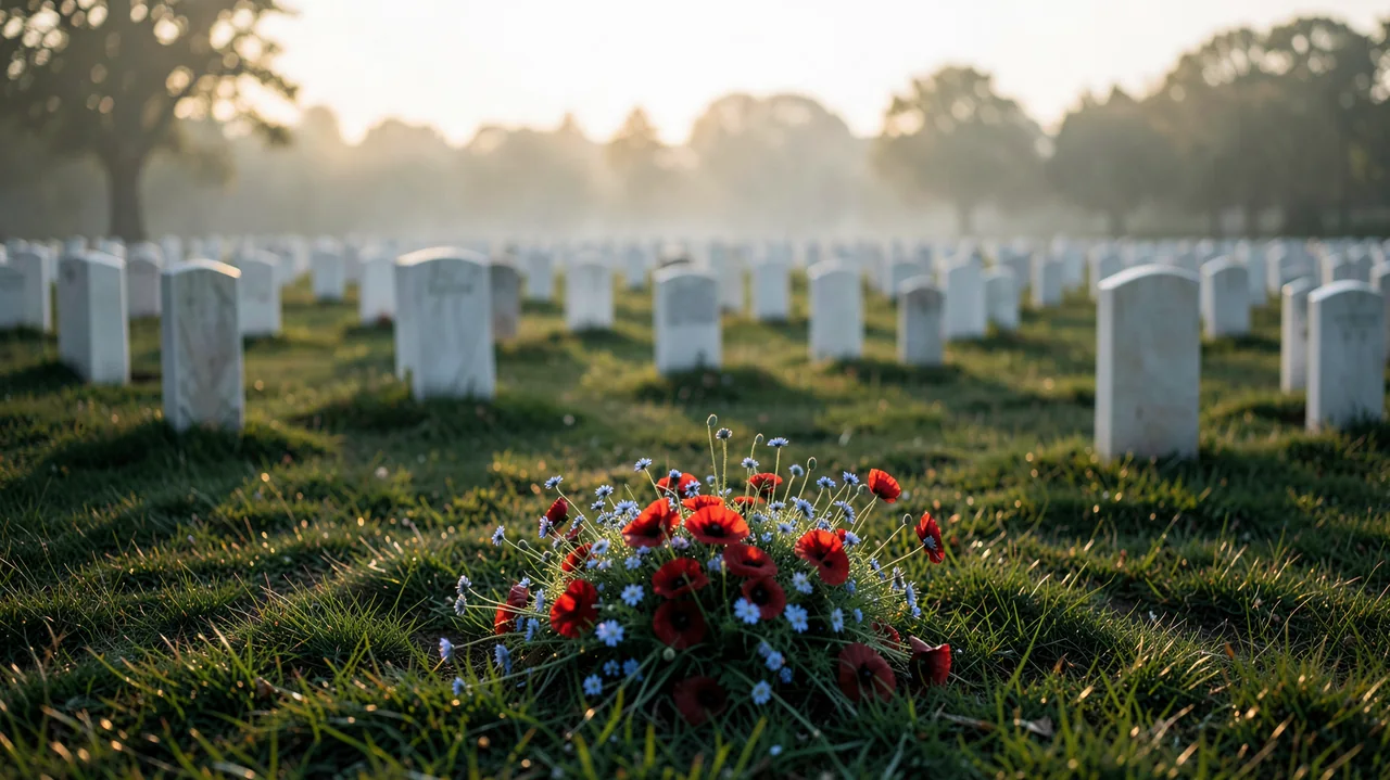 White memorial headstones and red and blue flowers in soft morning light.