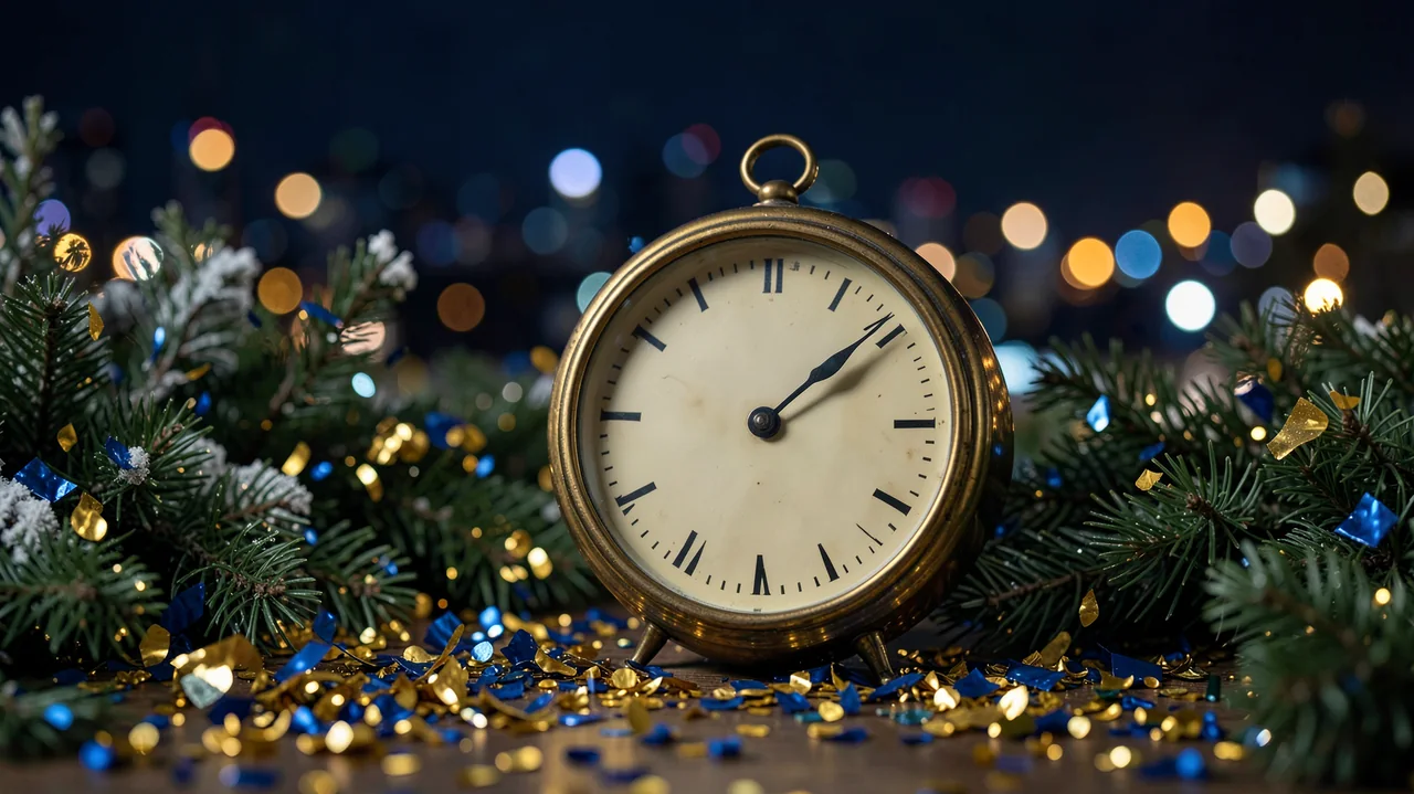 An analog clock with gold and blue confetti and sparkling city lights.