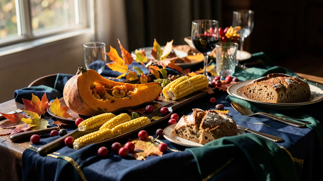 A harvest table with squash, corn, cranberries, bread, and autumn leaves.